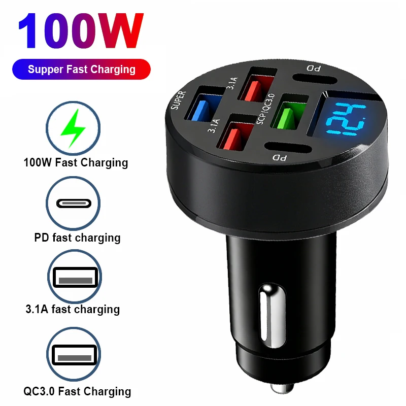 100W 6 in 1 Fast Car Charger 6 Ports Quick Charge PD Type C USB A Adapter for iPhone 15 16 Pro Samsung S24 Xiaomi Poco