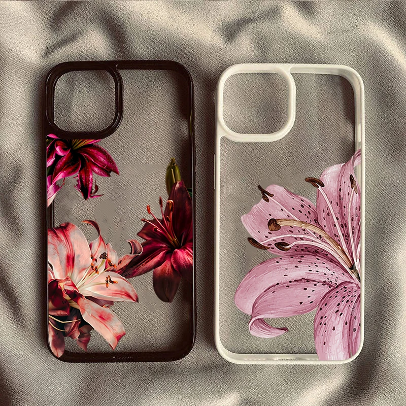 Coque de téléphone transparente de luxe à motif floral de lys pour iPhone 18 Pro 17 16 15 14 12 11 13 Pro Max Plus 16E Air X XR XS 7 8 Plus SE2