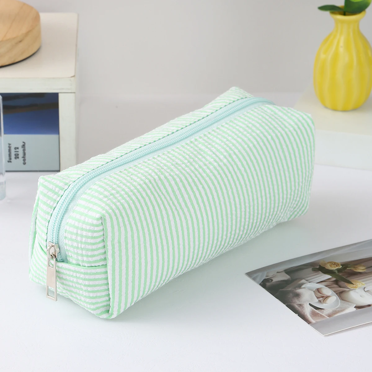 Lightweight Striped Fabric Rectangular Zipper Pencil Case Large Capacity Stationery Pouch For Students School Office Travel