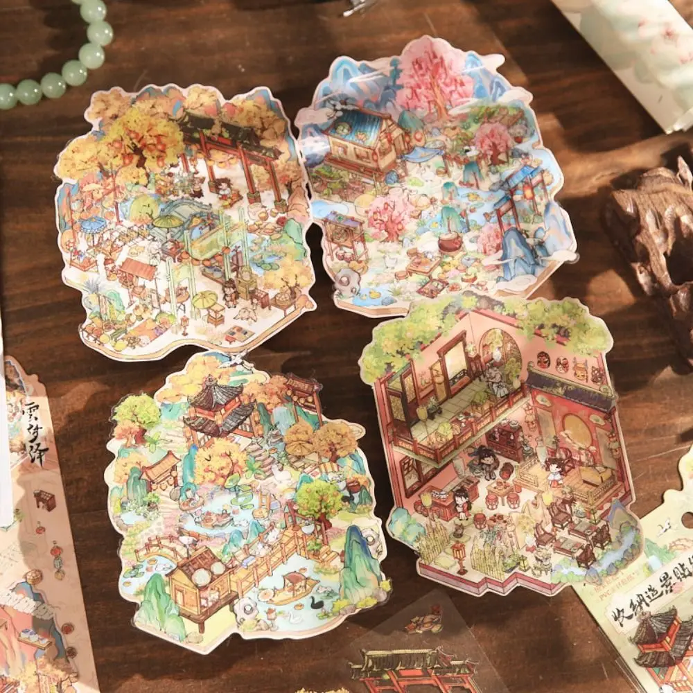 

Creative Chinese Retro 3D Stacked Landscape Stickers Cartoon Multicolor DIY Scene Decals PVC Scrapbook Stationery Sticker Game