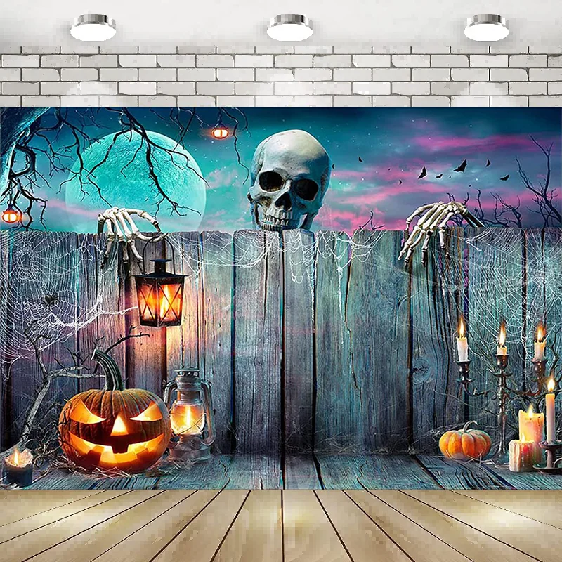 Halloween Photography Backdrop Skeleton Pumpkin Lantern Wooden Spooky Night Party Background Ghost Decor Banner Poster Party