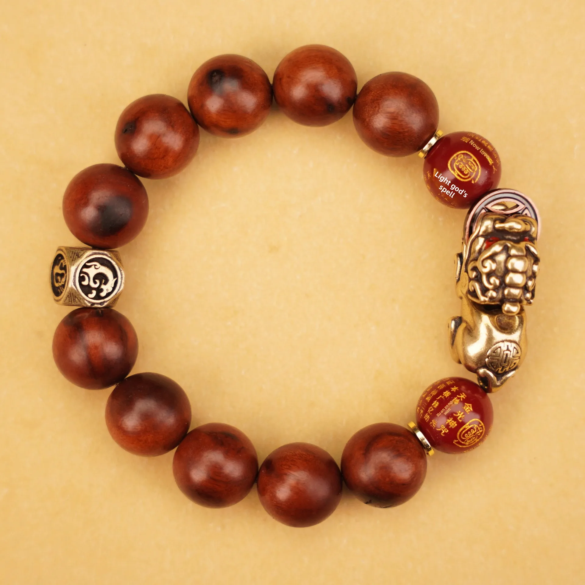 Chinese Style Thunder Struck Jujube Wood Beaded Bracelet 15mm Cinnabar Golden Light Mantra Magnetic Pixiu Lucky Wealth Good Fort