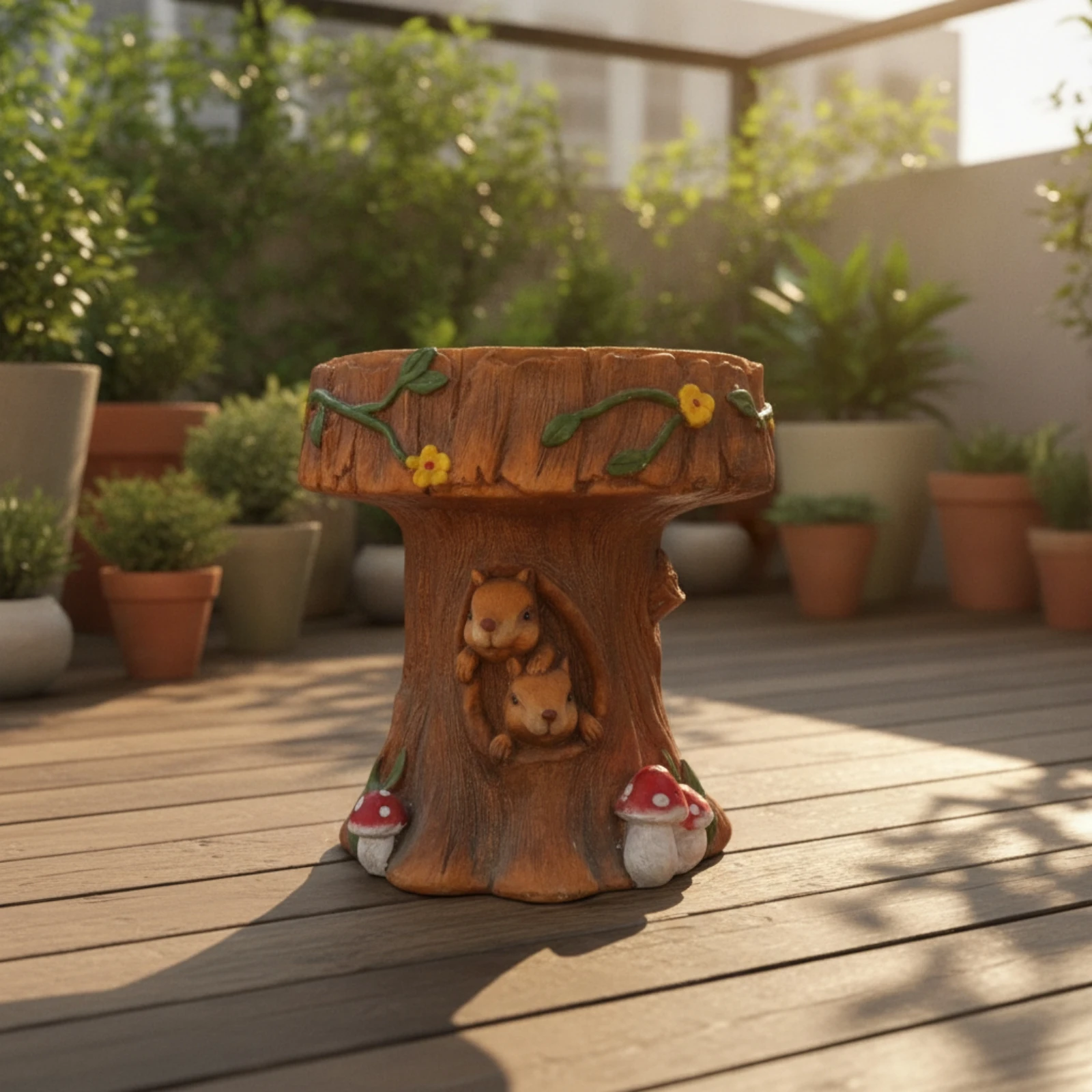 Stool with Squirrel Relief Wood-Look Tree Stump Stool Side Table Woodland-Inspired Furniture Weather-Resistant for Gardeners