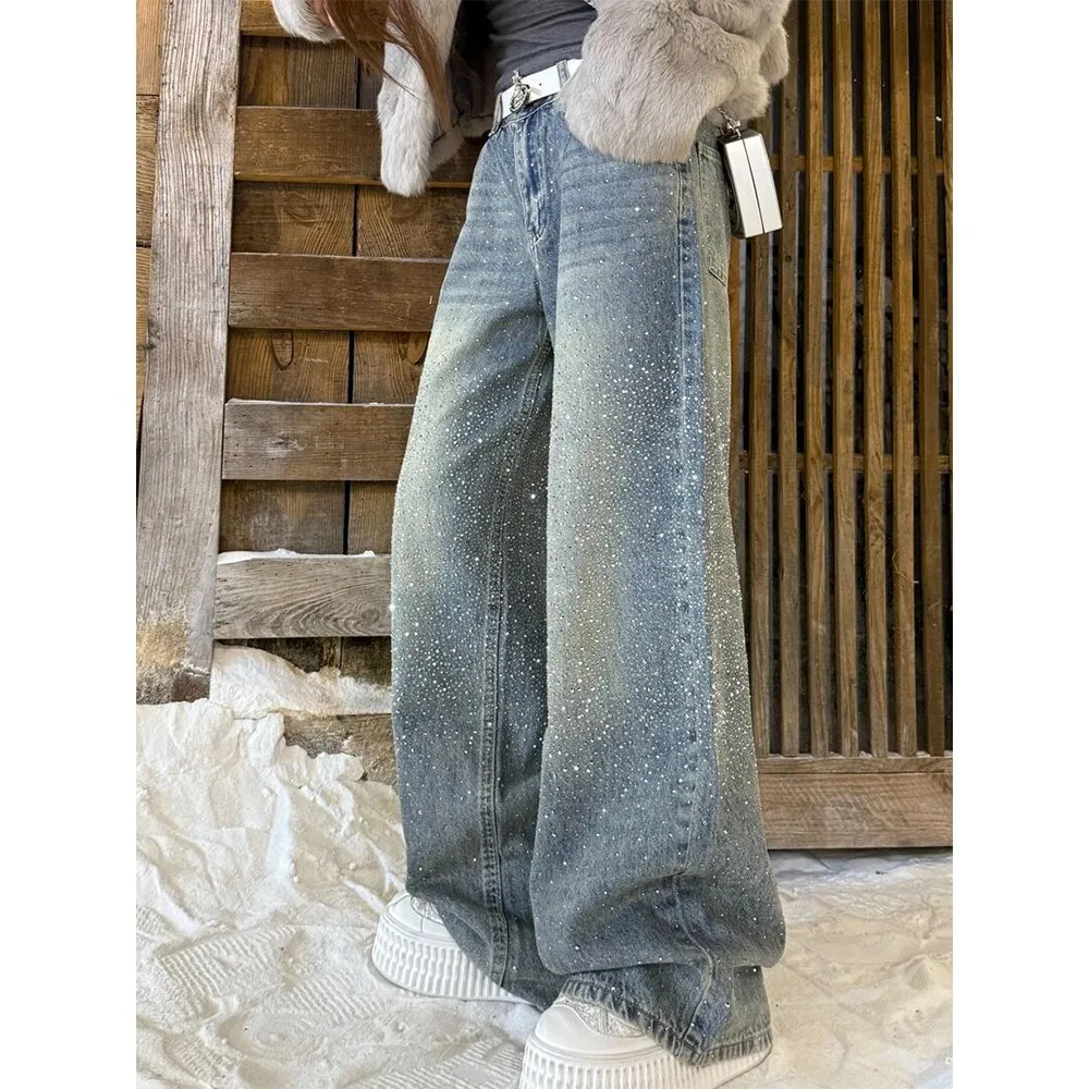 

Jeans Women Denim Pant Vintage Wide Leg Long Pants Hot Drilling High Waist Straight Trousers Y2k Streetwear Elegant Work 2026