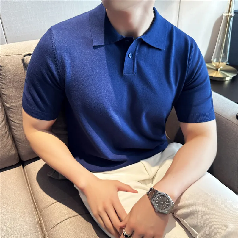Men Knitted Polo Shirts Short Sleeved Summer Ice Silk Light Thin Solid Casual Slim Fit Top T-shirt Streetwear Fashion Clothing