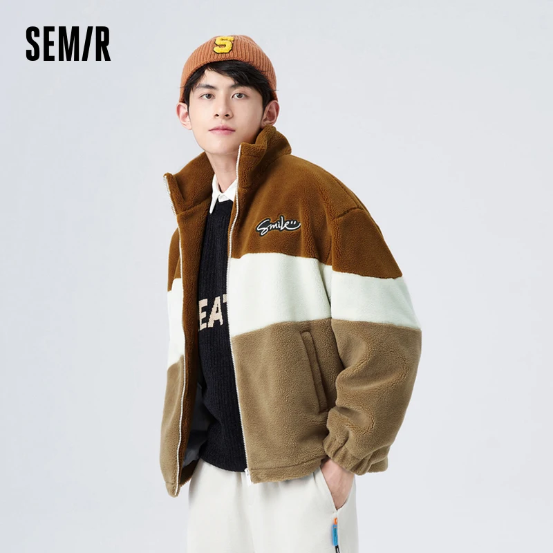 Semir Jacket Men Winter Fashion Contrasted Color Splicing Imitation Lamb Wool Loose Trendy Stand Collar Warm Jacket