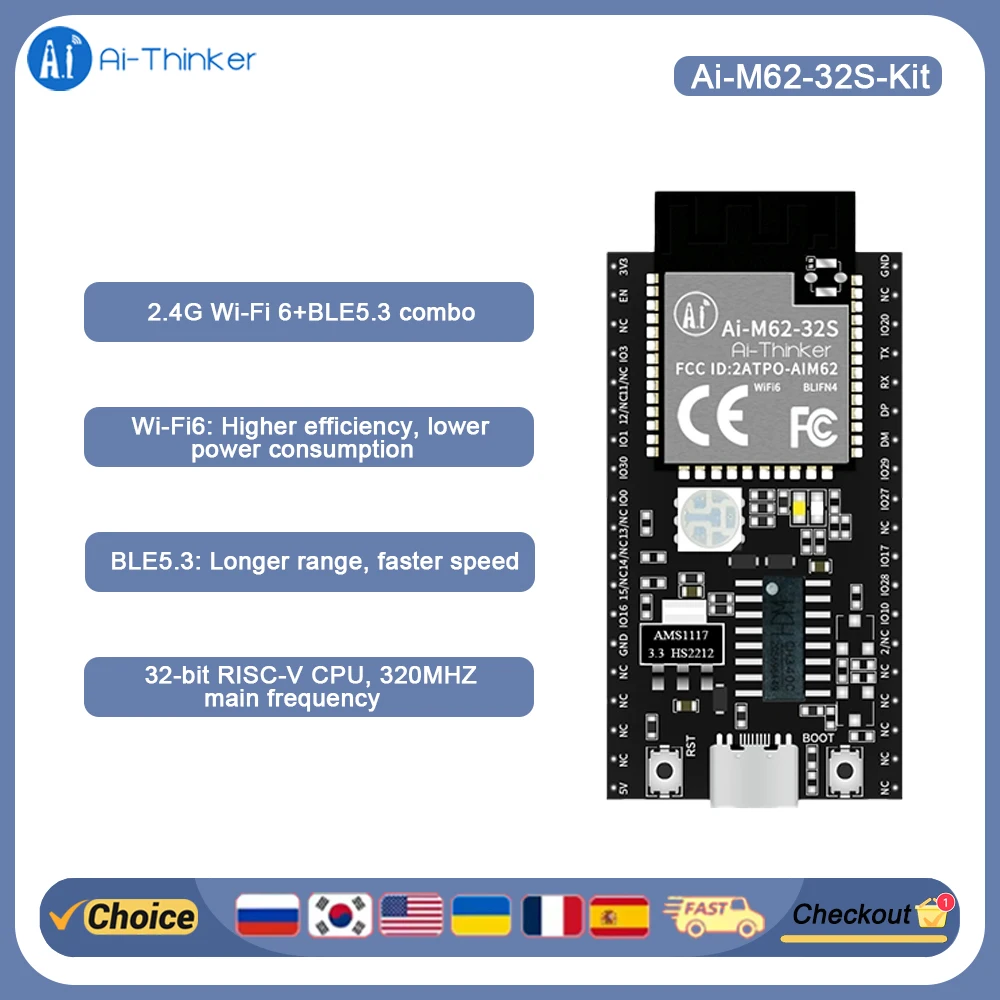 

Ai-Thinker Ai-M62-32S-Kit BL616 chip WiFi6+ Bluetooth BLE5.3 Supports M5D, SHA-1/224/256/384/512