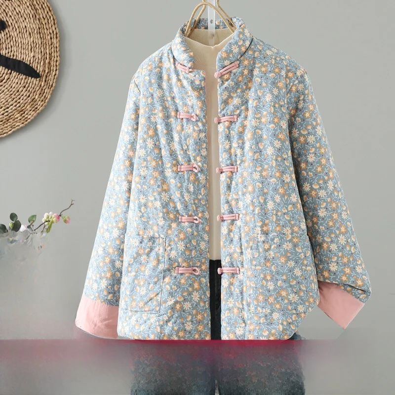 

Loose Fit Thiened Lightweight Cotton Jaet Autumn Winter New Sle Large Size Button Flower Design Warm Cotton Coat for Women