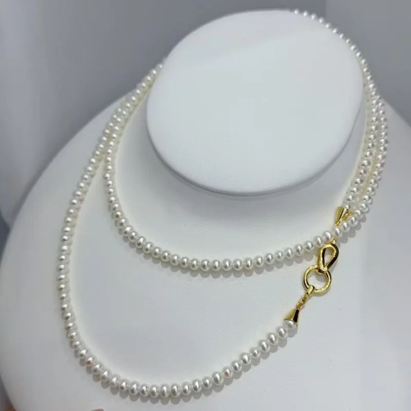 

SGARIT Brand New Pearl AAAA 4-5mm Natural White Round Pearl Necklace 84cm Sweater Chain Sterling Silver 925 Gifts for Women