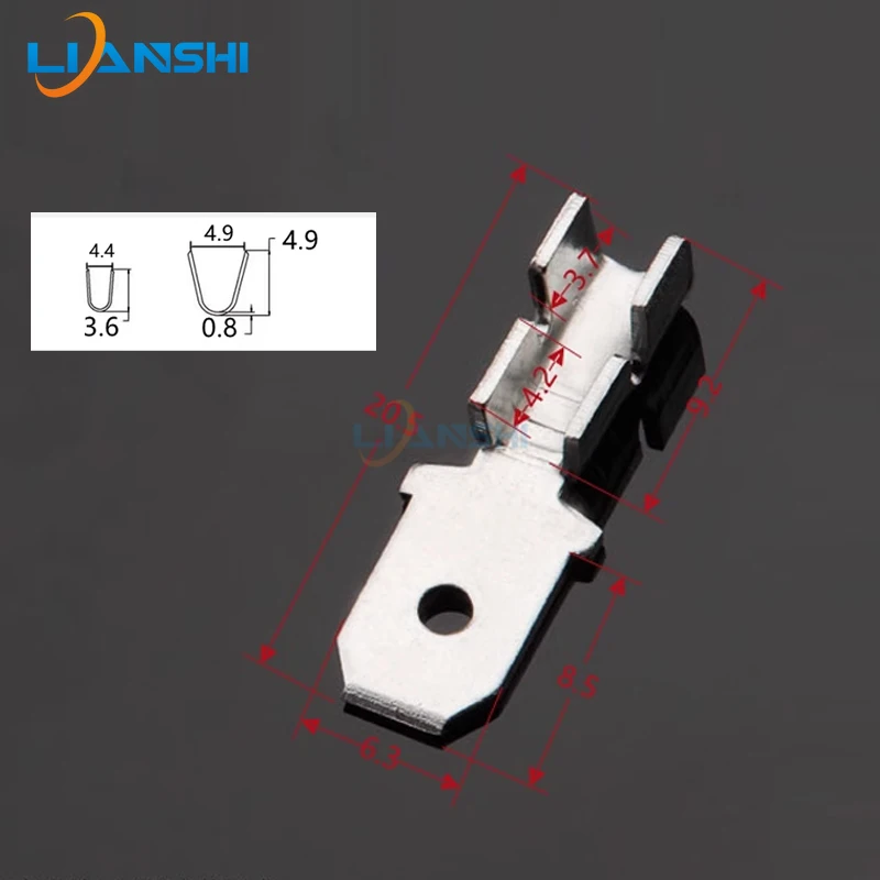 100pcs 6.3 male inserts 0.8mm thick 250 male terminals brass tinned with insulating sheath