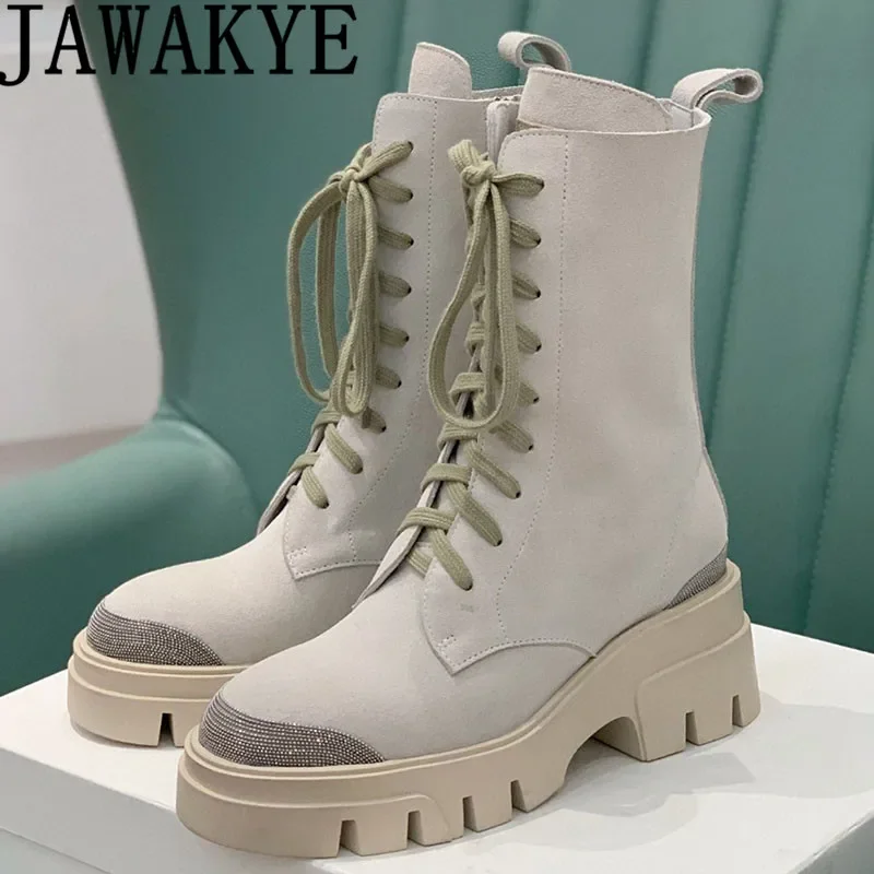 Designer Cow Suede Combat Boots Women Lace Up Thick Sole Motorcycle Boots Winter Street Fashion Cowboy Shoes Ankle Boots