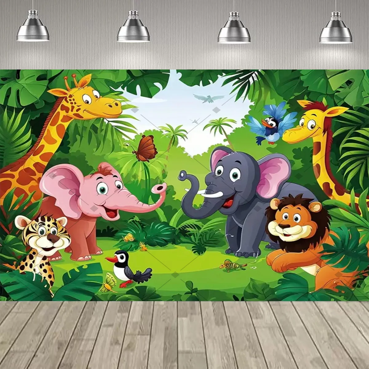 Lebendiger Dschungel-Tier-Party-Dekor-Hintergrund, niedlicher Löwe, Tiger, Elefant, Thema, Kindergeburtstag, Partyzubehör, Dekor, Banner, Baby-Taufe – Detail 9