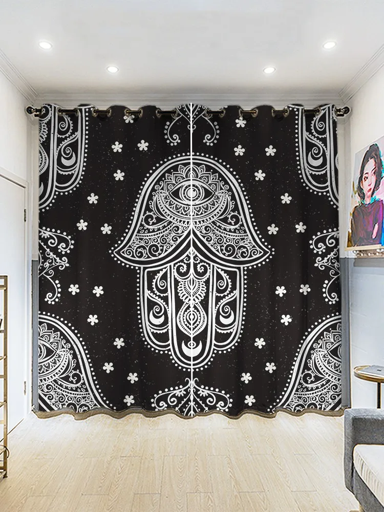 

2PCS Semi-blackout Curtains Bohemian Ethnic Style Curtains Fatimid Hand Decorated Bedroom Living Room Kitchen Ring Top Curtains