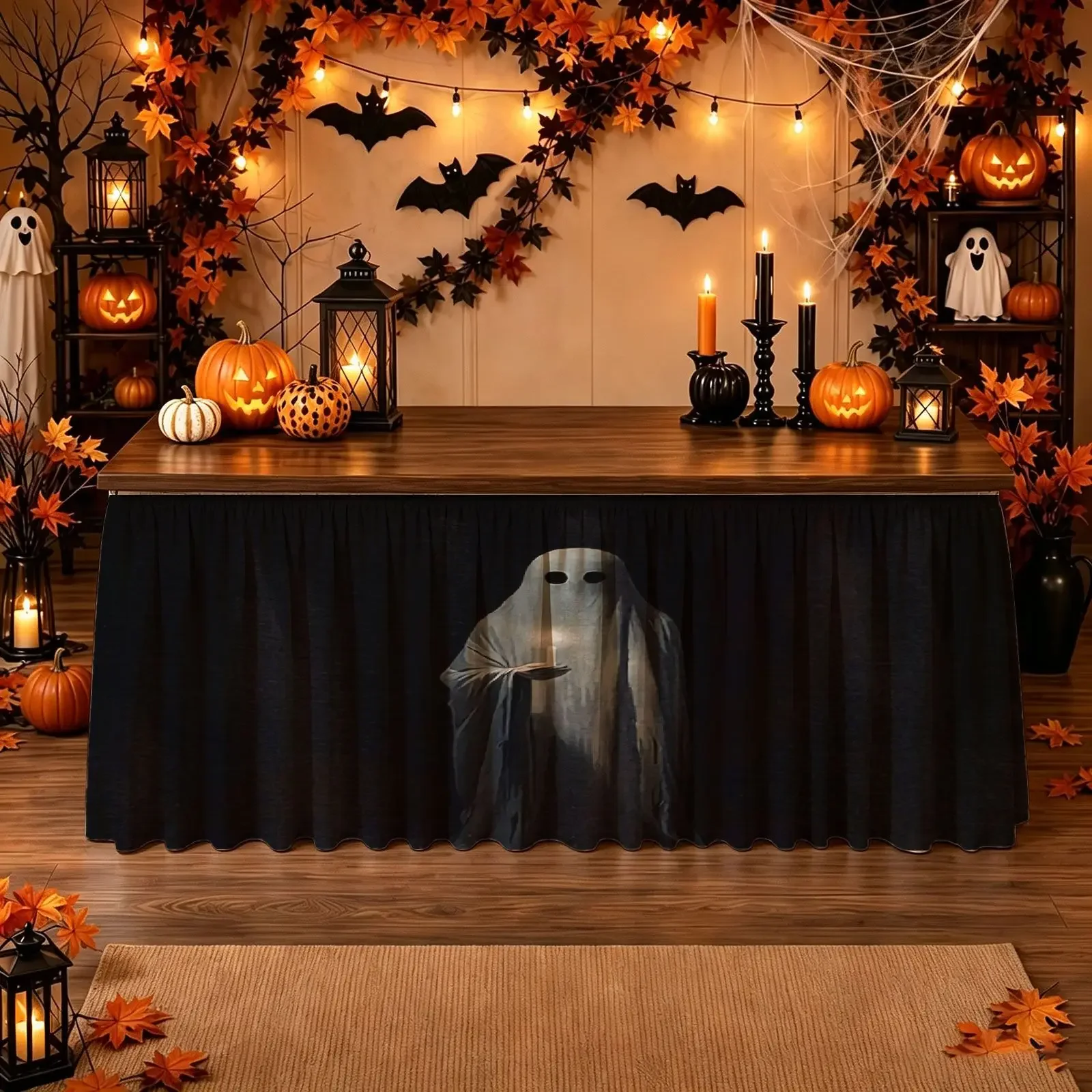 Halloween Christmas Party Table Skirt - 1 piece set, terrifying floating ghost figurine decoration under the table