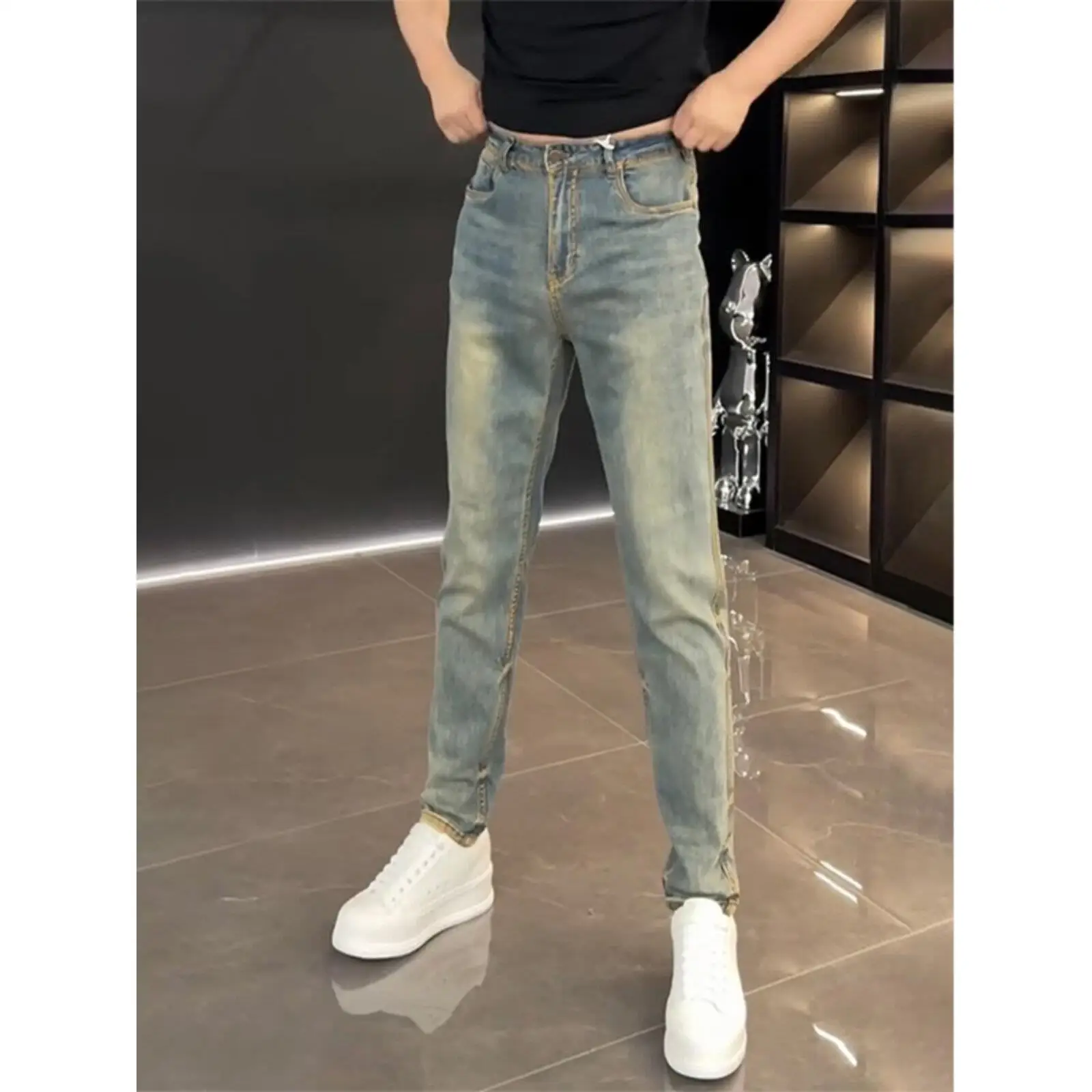 

Slim Fit Straight Leg Jeans Men's High End Casual Pants Versatile Waed Slimming Elastic Water Waed Jeans for Men