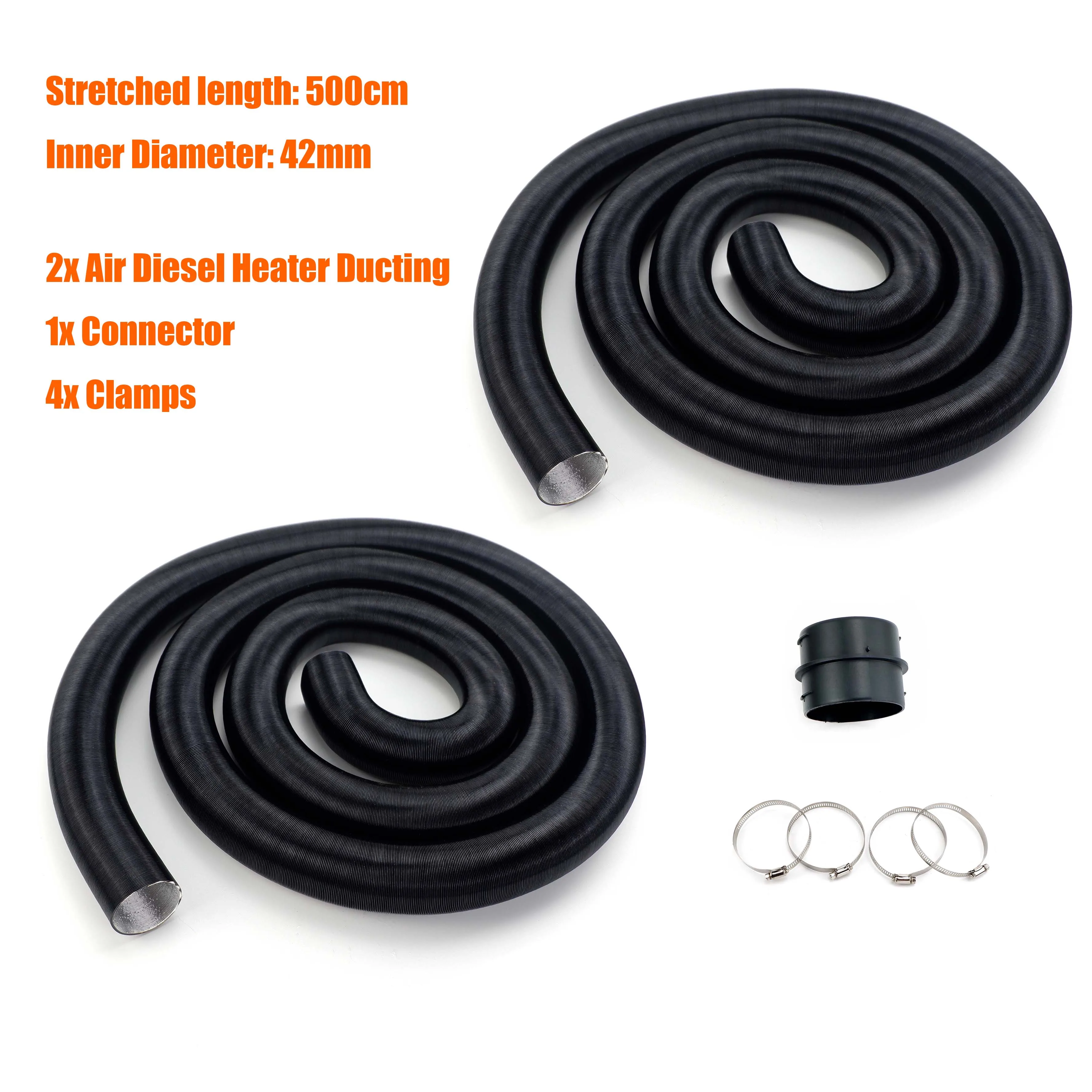 

Air Diesel Heater 2x 42mm Diameter 500cm Length Duct Pipe Tube Hose + 1x Flat Connector 4x Clamps Set For Car Truck VAN Camper