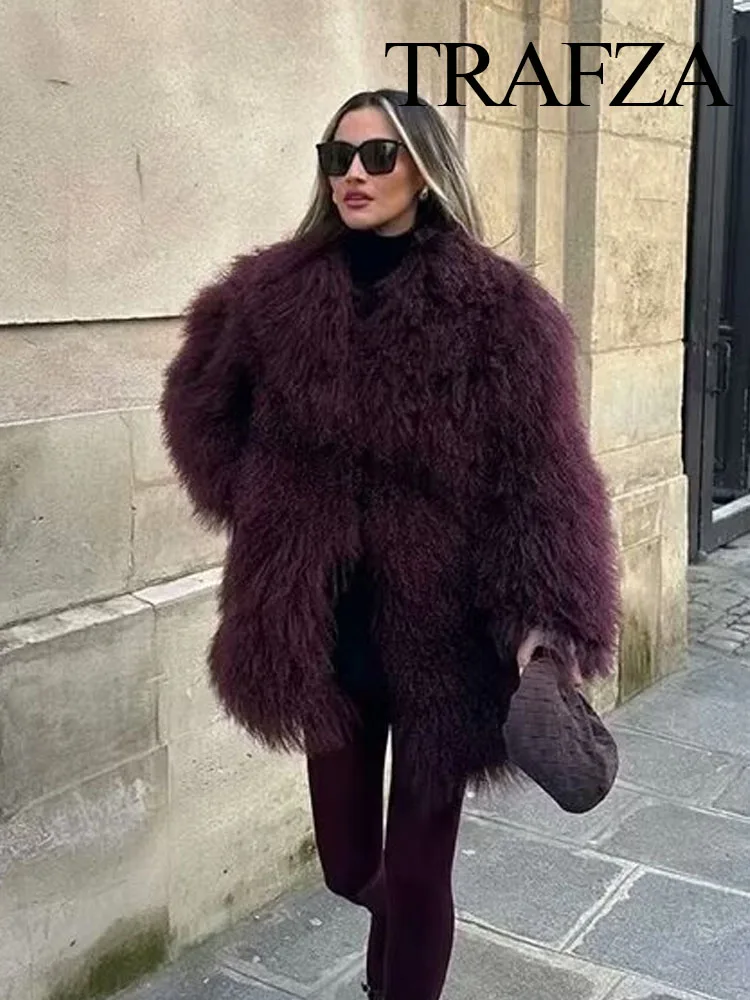 TRAFZA Women Faux Fur Jackets Loose Long Sleeves Turn Down Collar Warm Winter Long Coat Female Wine Red Vintage Casual Outerwear