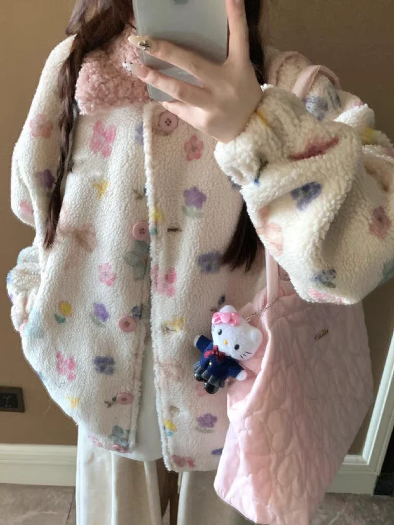Pink Lamb Fur Jacket Women's Winter Thickened Fleece Lined Small Size Autumn Winter Top Unique Stylish Commute Korean Style