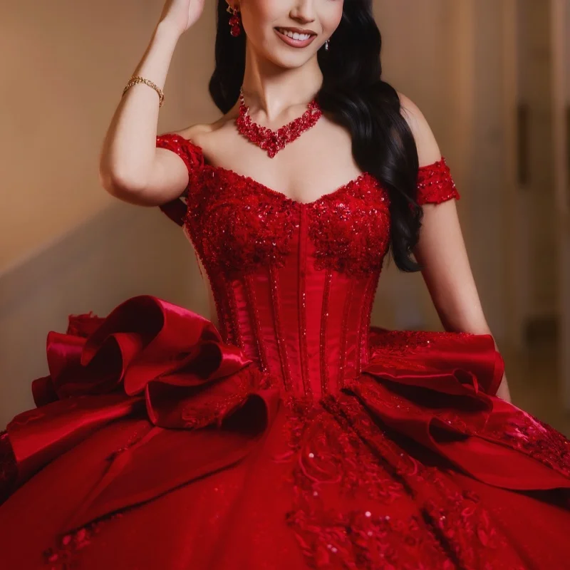 

Red Quinceanera Dress off-shoulder Glitter Flower Layering Decal Long tail Bow vestidos de 15 Quinceanera ﻿Customized