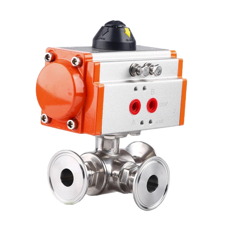 

19mm 304 Stainless Steel Sanitary Pneumatic Ball Valve 3 Way Tri Clamp Ferrule Type Ball Valves With Double Acting Cylinder
