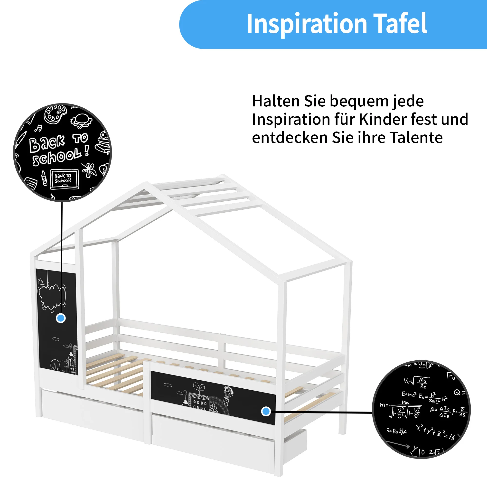 Łóżko dziecięce 90 x 200 cm, łóżko drewniane z tablicą i 2 szufladami, lite drewno z ogrodzeniem i ramą z listew