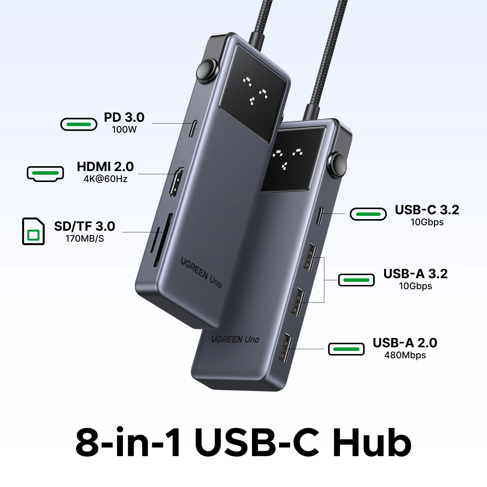 UGREEN Uno 8-in-1 USB-C HUB Type-C to HDMI 4K60Hz for Monitor USB3.2 10Gbps Data Transfer PD100W SDTF for Laptop MacBook HP Dell