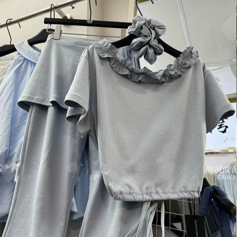 2025年夏 ファンガスエッジ ドローストリング ウエストシンチング 半袖トップス＋ファートカーテン ワイドレッグ カジュアルパンツ おしゃれセット パンツセット