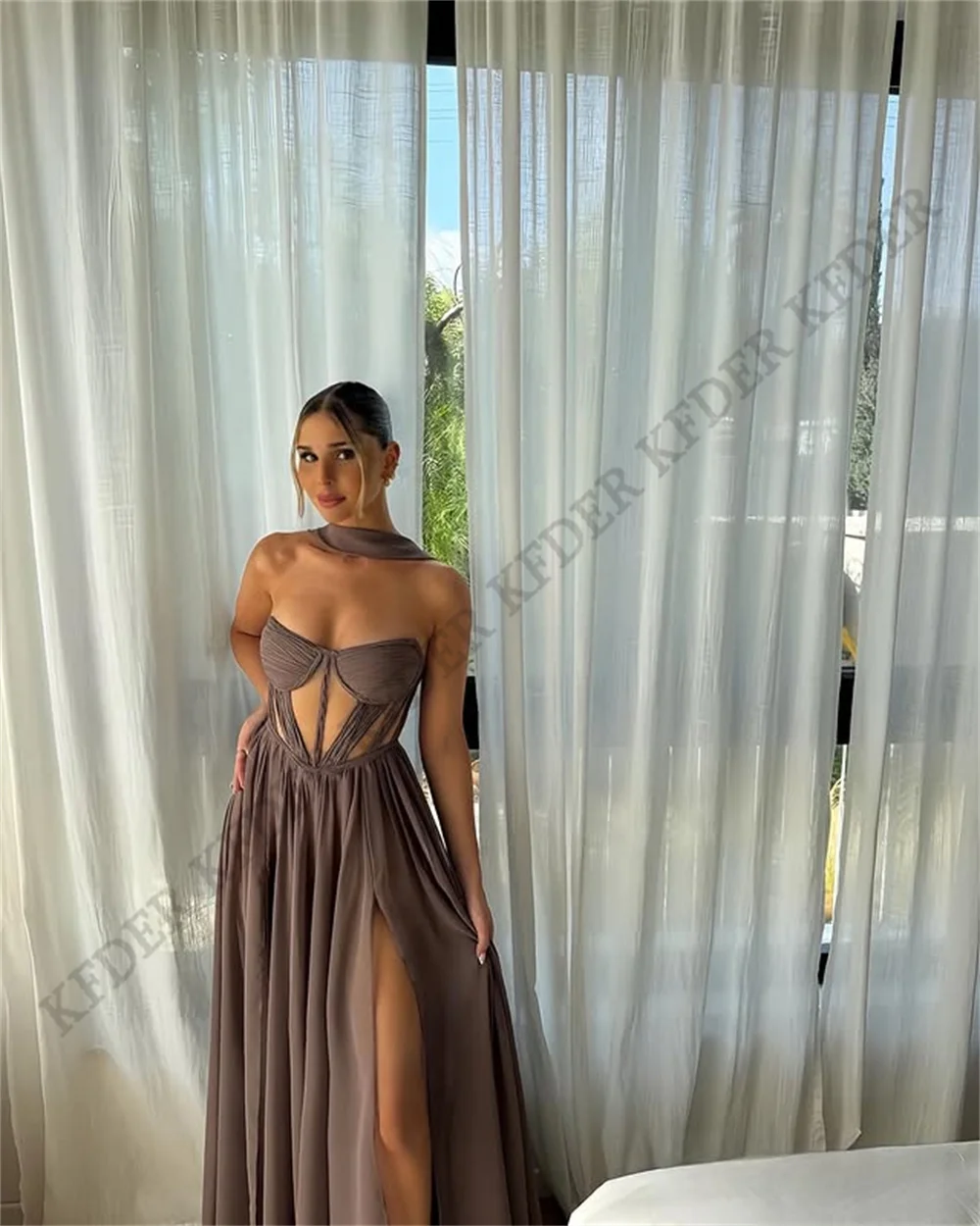 Customized Dark Brown Maxi Sweetheart A Line Prom Gowns Side Slit Pleated Party Gown Floor Length Evening Dress vestidos de gala