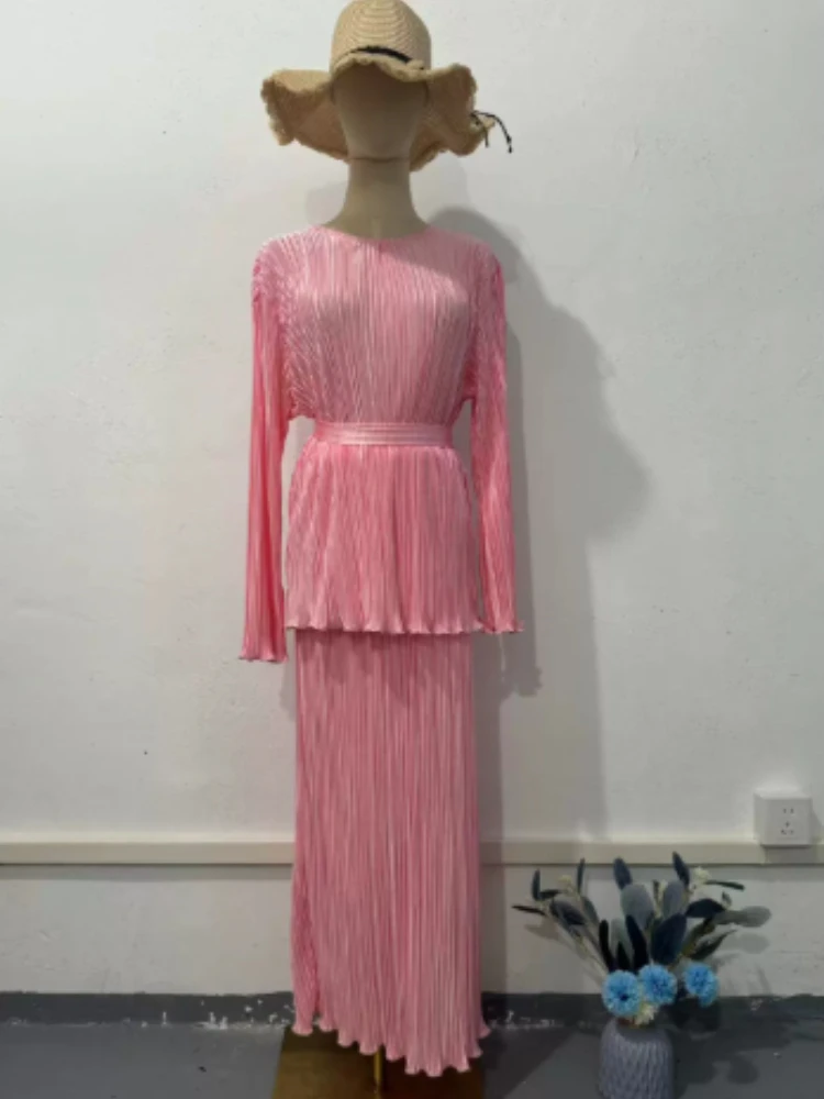 

Элегантные женские комплекты, весна-лето, новые топы с длинными рукавами и круглым вырезом на шнуровке, модные облегающие плиссированные юбки, комплект из двух предметов