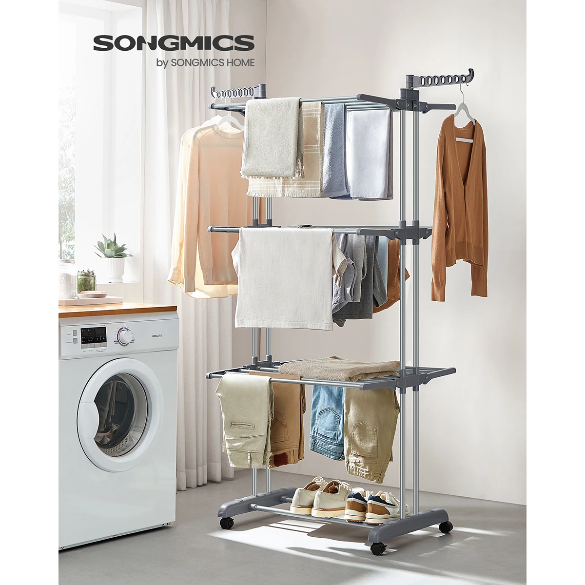 SONGMICS Large Clothes Airer, Foldable Clothes Drying Rack Laundry 4-Tier, Moveable Clothes Horse, 64 x 126 x 172 cm