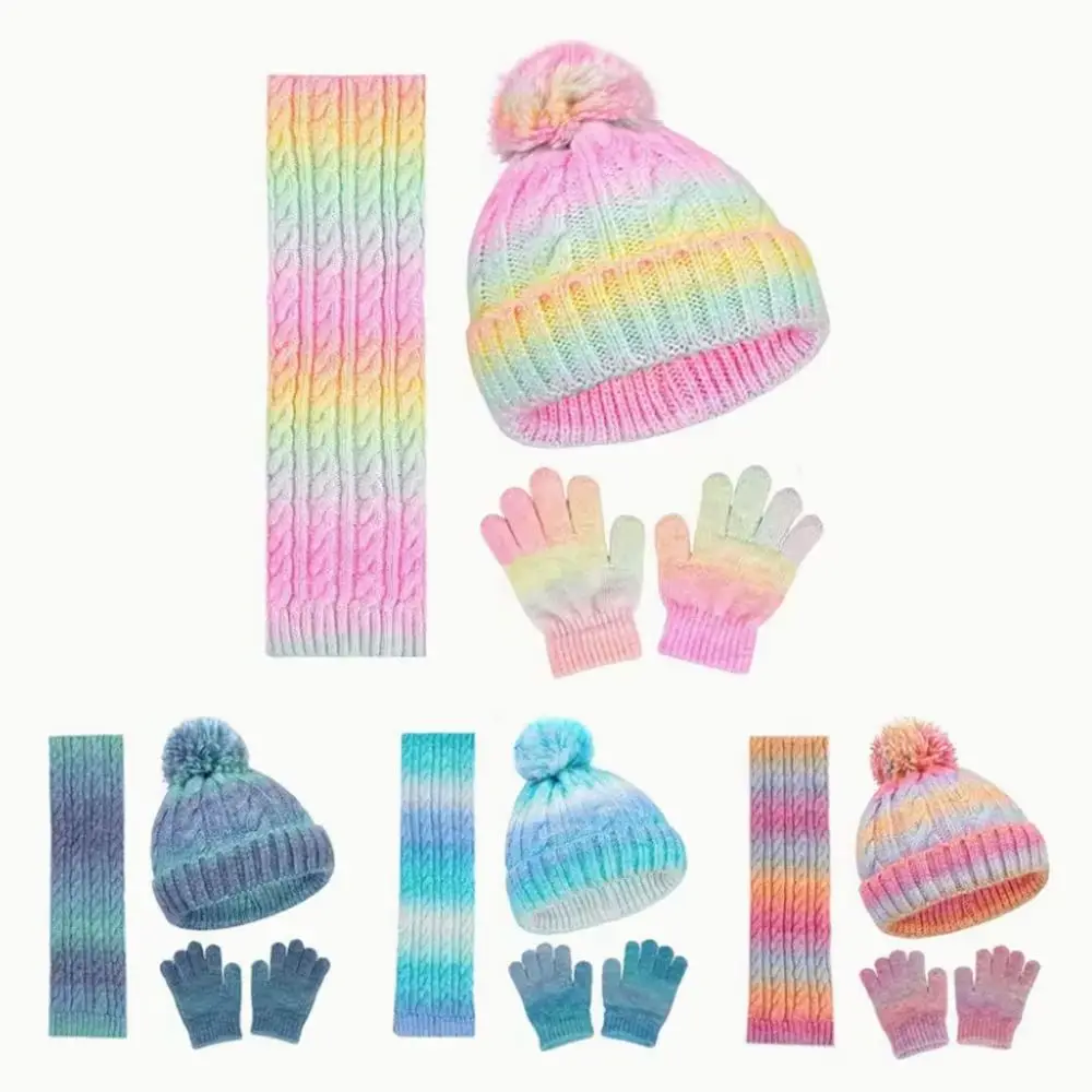 

3pcs Kids Winter Hat Scarf Gloves Set, Colorful Knitted Thickened Warm Single Ball Hat Scarf Gloves Set for 2-10Y Boys Girls