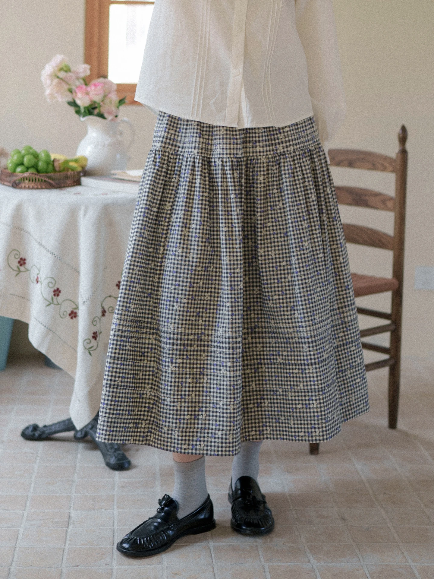 

MARCHNOON Vintage Plaid Cotton Elastic Waist Midi Skirt Women's Regular Fit High Waist A-Line Skirt Daily Wear