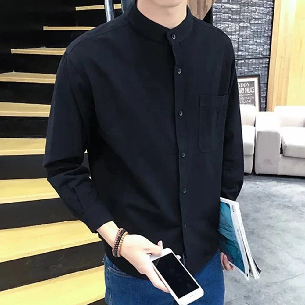 Japan Cotton Linen Shirt Men Single-breasted Casual Slim Long Sleeve Stand Up Collar T-shirt Business Comfy Cotton Linen Shirt