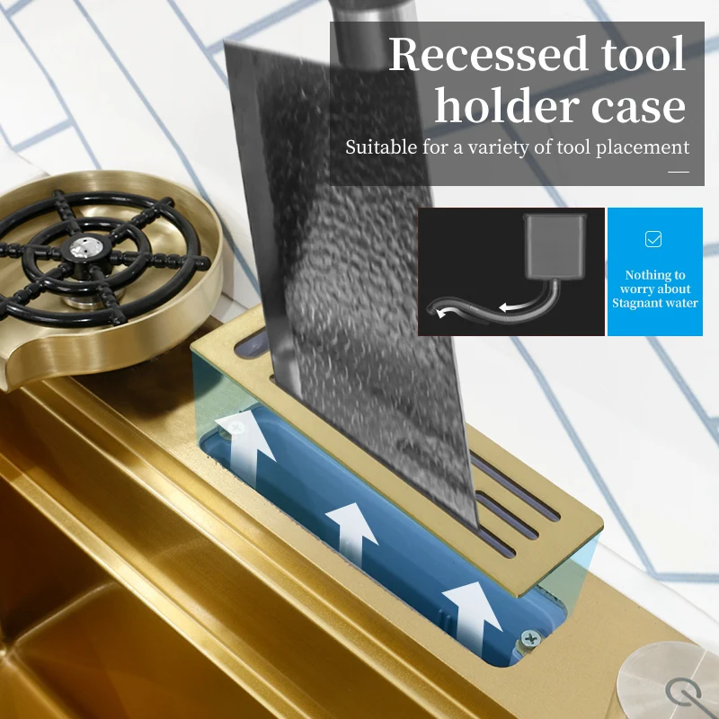 304 Stainless Steel  Waterfall Kitchen Sink Gold Modern Multifuctional Large Sink Above Counter Apron Front Installation