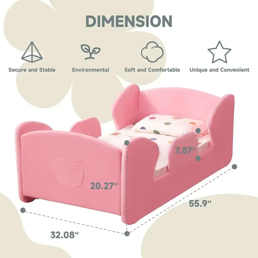 Portable Toddler Bed with Removable Safety Rails & Storage, Unisex Design, Low to Floor, Upholstered Child Bed