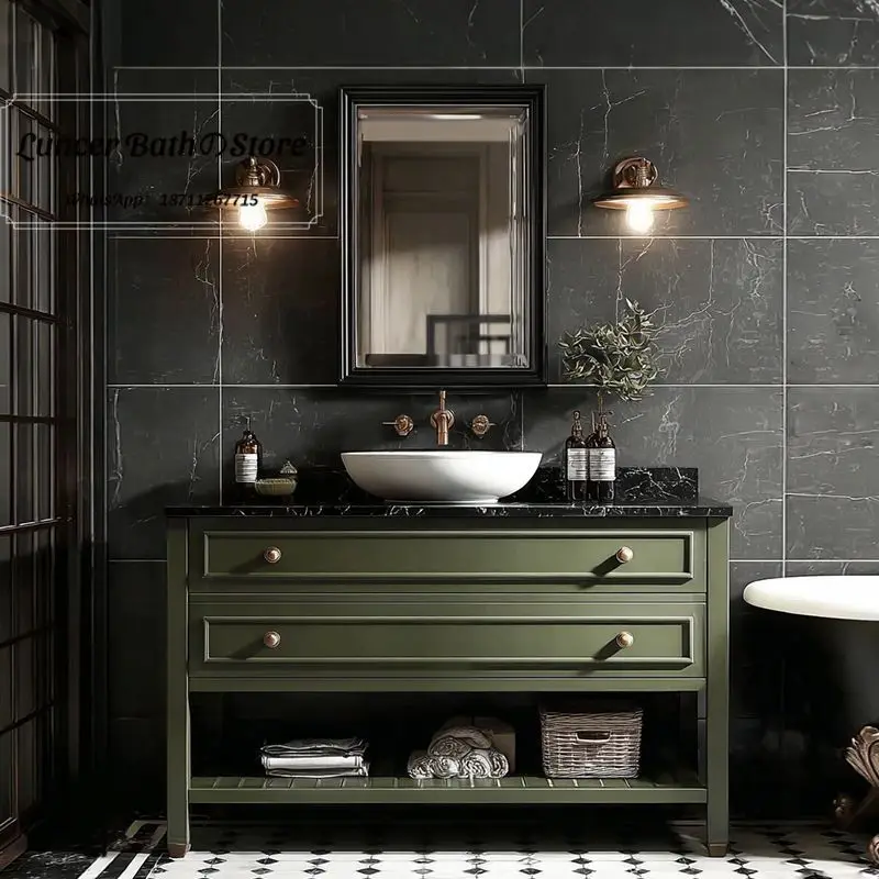 French Retro Oak Bathroom Vanity, Freestanding Countertop Sink Basin, Wood Washbasin Cabinet Set for Home Toilet