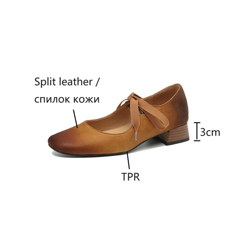 NEW Spring Women Pumps Split Leather Shoes for Women Square Toe Low Heel Pumps Retro Brown Mary Janes Shoes Lace-up Women Shoes