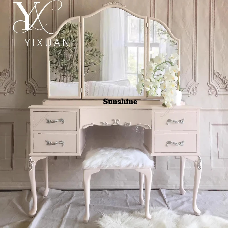 

French solid wood pink bedroom princess style dressing table light luxury simple carving, furniture combination