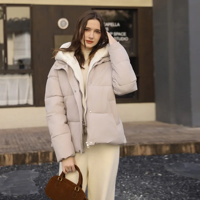Fake Two Piece Hooded Puffer Coat Women's Spliced Cropped Winter Jacket Thick Outerwear Trendy Classic Casual Basic New Coats