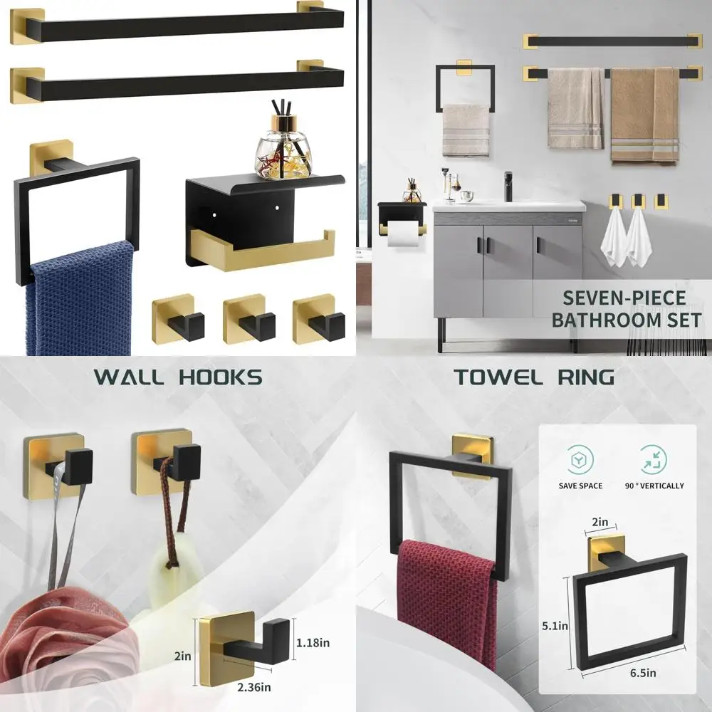 

Роскошный черный и золотой набор аксессуаров для ванной комнаты — квадратный вешалка для полотенец из 7 предметов, вешалка для полотенец для рук, держатель для туалетной бумаги, крючки для полотенец и