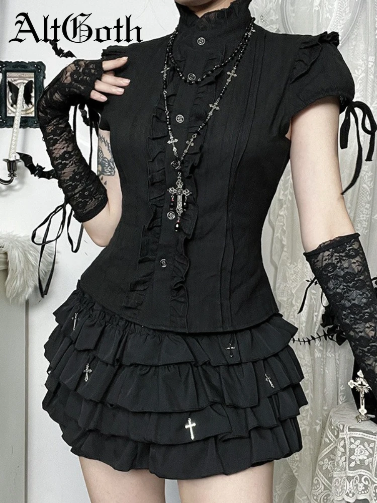 

AltGoth Vintage Mall Gothic Shirt Women Aesthetic Fairycore Grunge Dark Edible Tree Fungus Patchwork Short Sleeve Blouse Female