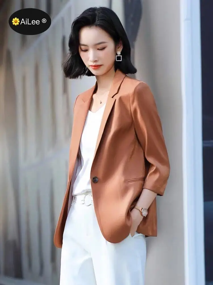 Luxury Satin Silk Blazer Lady 3/4 Sleeve Summer Thin Coat Formal Business Office Work Single Button Jacket Senior Streetwear