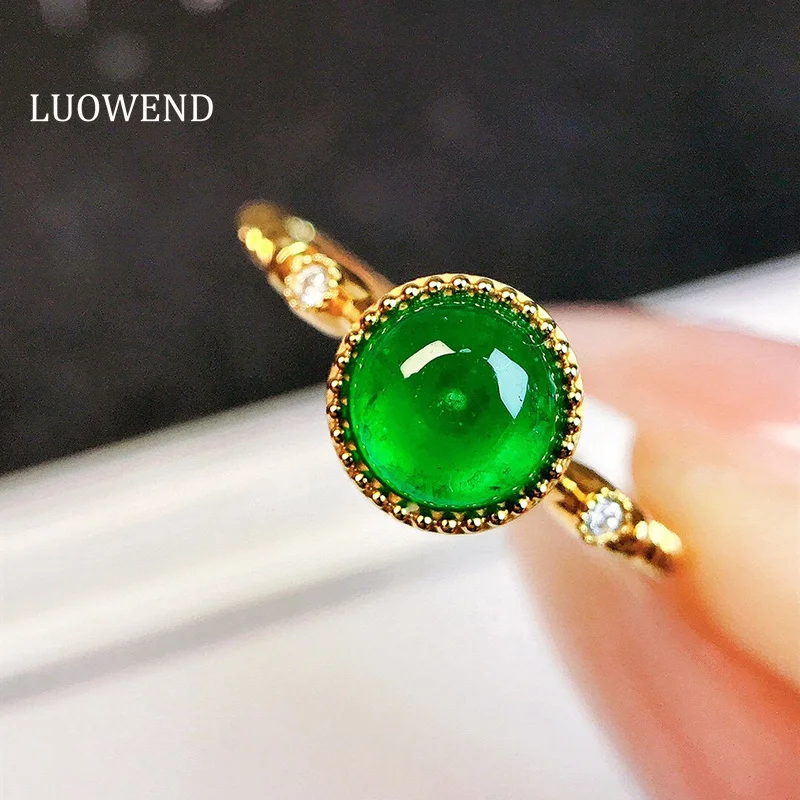 LUOWEND 100% 18K Yellow Gold Rings Elegant Style Shiny Diamond Natural Emerald Engagement Ring for Women High Wedding Jewelry