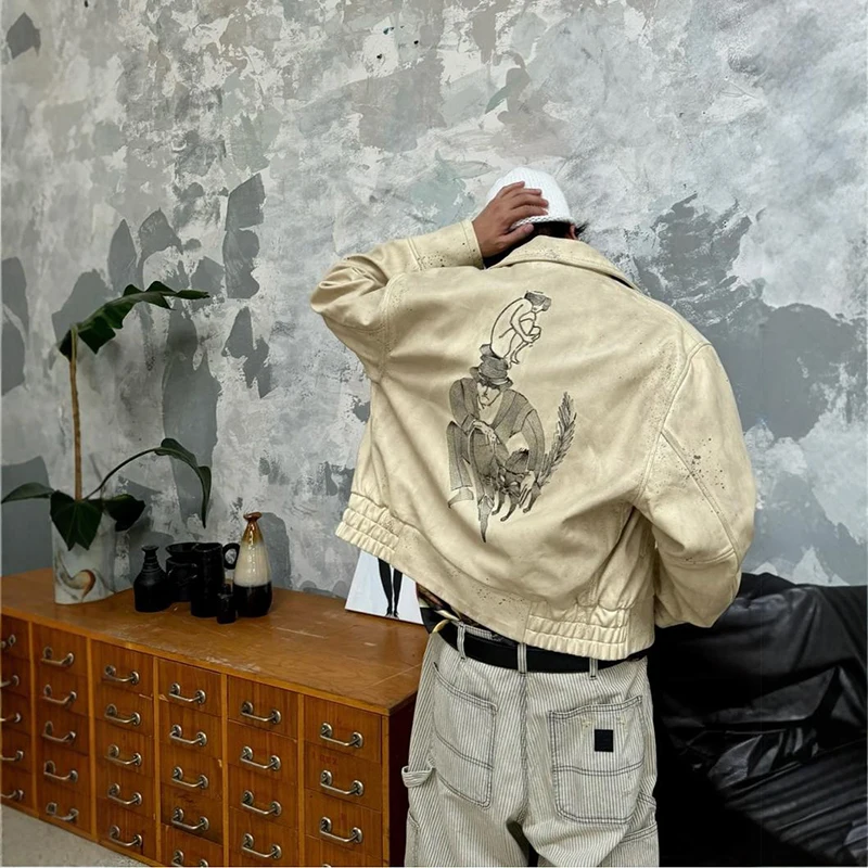 [BOMP] New Embroidered Ink Splashing Mysterious Person Old Leather Jacket