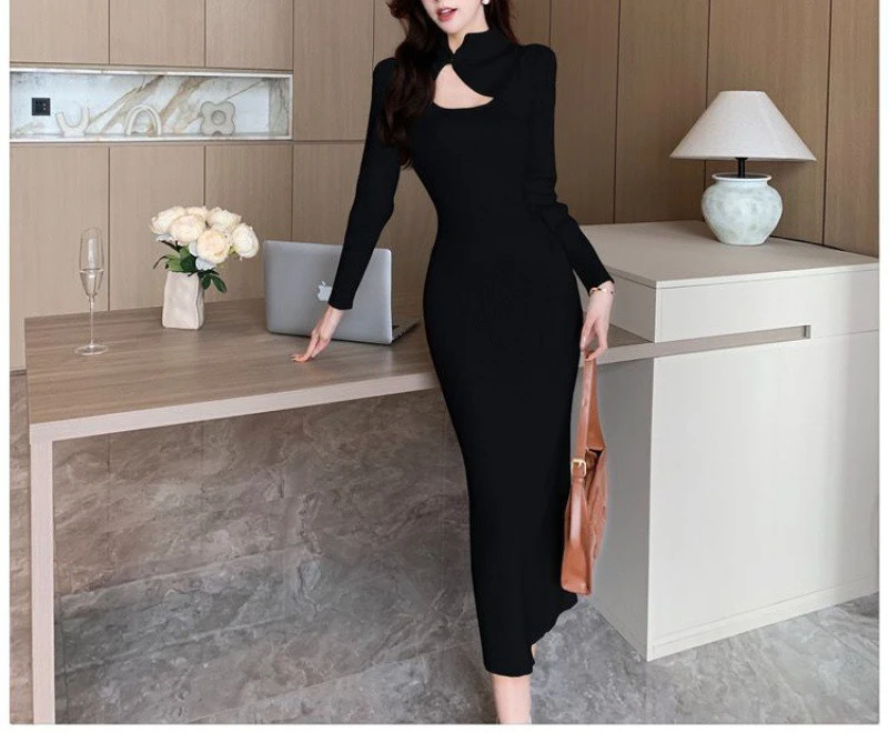 2024 New Chinese Improved Cheongsam Long Sleeve Knitted Dress Women's Autumn Winter Hip Wrap Sweater Long Skirt