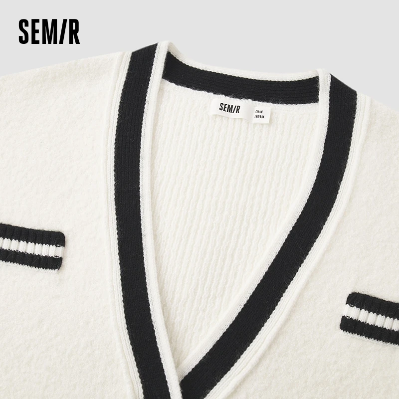 Semir Knit Cardigan Women Mid-Length Contrast Color V-Neck 2024 New Winter Loose Temperament Sweater