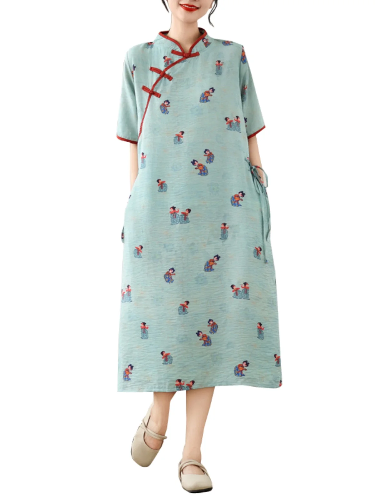 Nueva tendencia nacional china Sle Lino ort Sve Mujer Dr Verano Estampado retro Botón lateral Algodón Lino Mejorado Cheong...