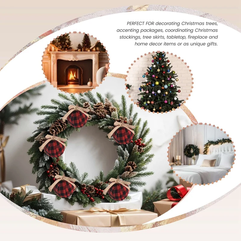 زخرفة شجرة عيد الميلاد، 12 قطعة 2-1/2 بوصة أحمر أسود تحقق خياطة الخيش زينة عيد الميلاد