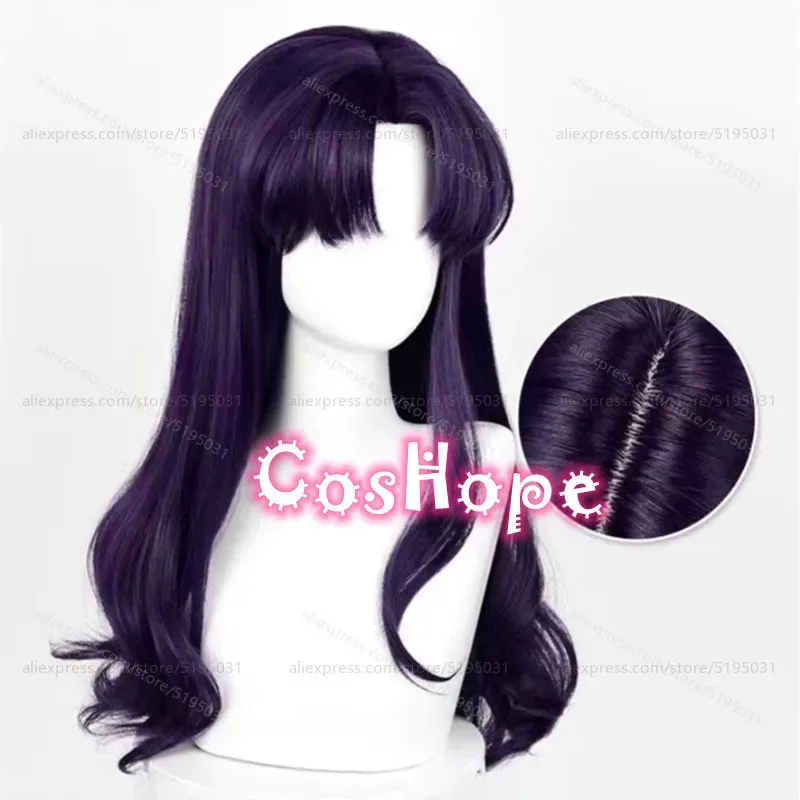 Katsuragi Misato 55cm طويل مجعد أسود أرجواني شعر مستعار أنيمي تأثيري مقاومة للحرارة بيروكات صناعية هالوين