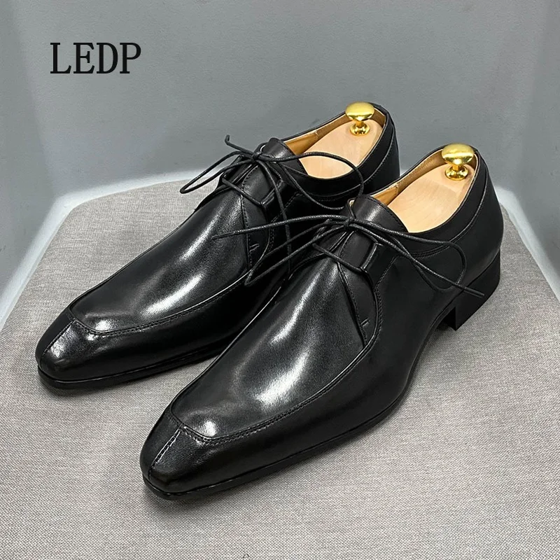 LEDP Brand Men's Cowhide Leather Business Dress Shoes 2024 New Explosive Casual Derby Color Low-top Lace-up Single Shoes